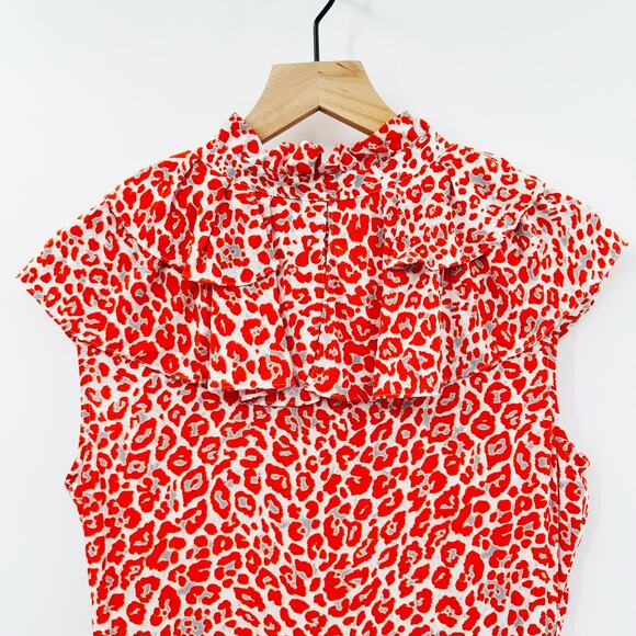 Maje Rutti Ruffled Leopard-Print Mini Dress in Red Orange Size Small - Picture 6 of 13
